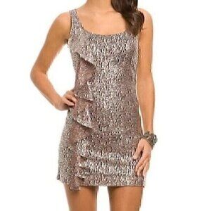 GUESS Mauve Brown / Purple Silver Metallic Sleeveless Ruffle Party Mini Dress 3